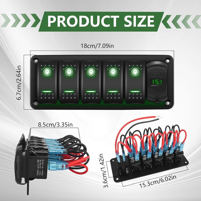 NORTHYUN 5 Gang 12V Rocker Switch Panel with 4.8A Dual USB Charger and Voltmeter, Pre-Wired Waterproof Rocker Switch 12V/24V DIY Stickers for Car, Truck, RV, Trailer - Image 3